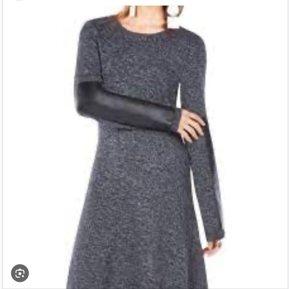 BCBG MAXAZRIA Dahnya Sweater Dress NWT size Large faux leather sleeve gray black - Picture 1 of 14